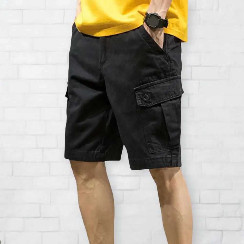 Mens solid color button decoration loose fitting multi pocket wide leg pants summer short mens shortW240713