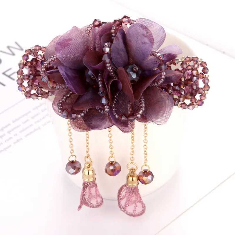 Fashionable and elegant linen flower tassel hairpin female hairpin retro back spoon spring clip crystal headdress jewelry gifts W241007