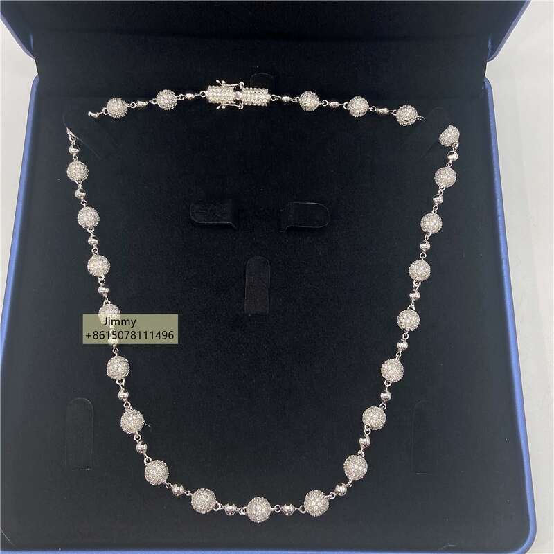 GRA 8Mm Iced Out Hip Hop Jewelry Sterg Sier White Gold Plated Vvs Moissanite Ball Bead Chain Cuban Necklace