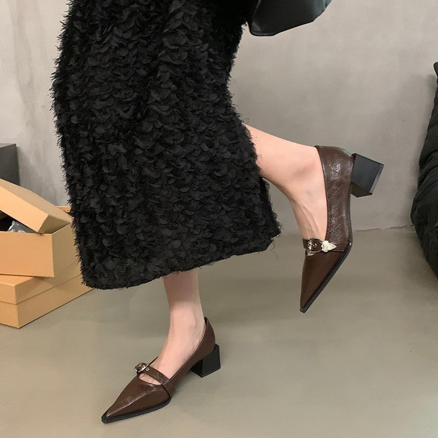 2025 New Designer Korean French Small Leather Commuter Shoes Thick Black Pointed Women's Single High Heels