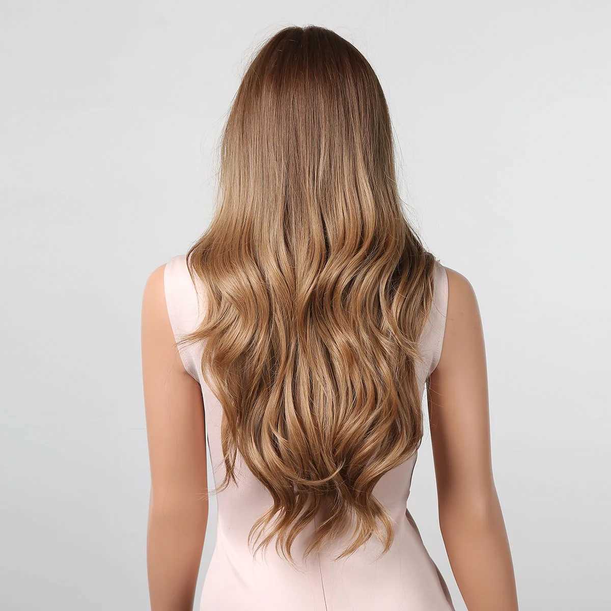 ALAN EATON Long Brown Synthetic Wigs Ombre Hair with Highlight Brown Body Wavy Daily Wig Soft Fluffy High Temperature Party UseXJ241008