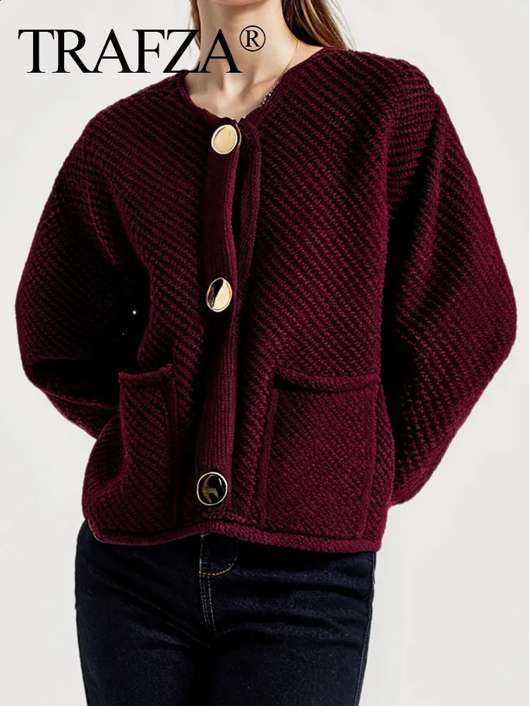 TRAFZA Fashion Knitted Womens Cardigan Autumn Long Sleeve Round Neck Solid Single Chest Loose Fur Burgundy Coat 241007