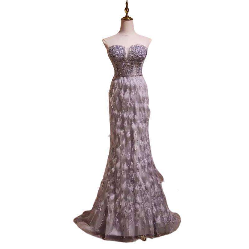 Real Picture Grey Evening Dresses 2024 Sweetheart Beaded Feather Mermaid Long Formal Ocn Dress Party Pageant Wear