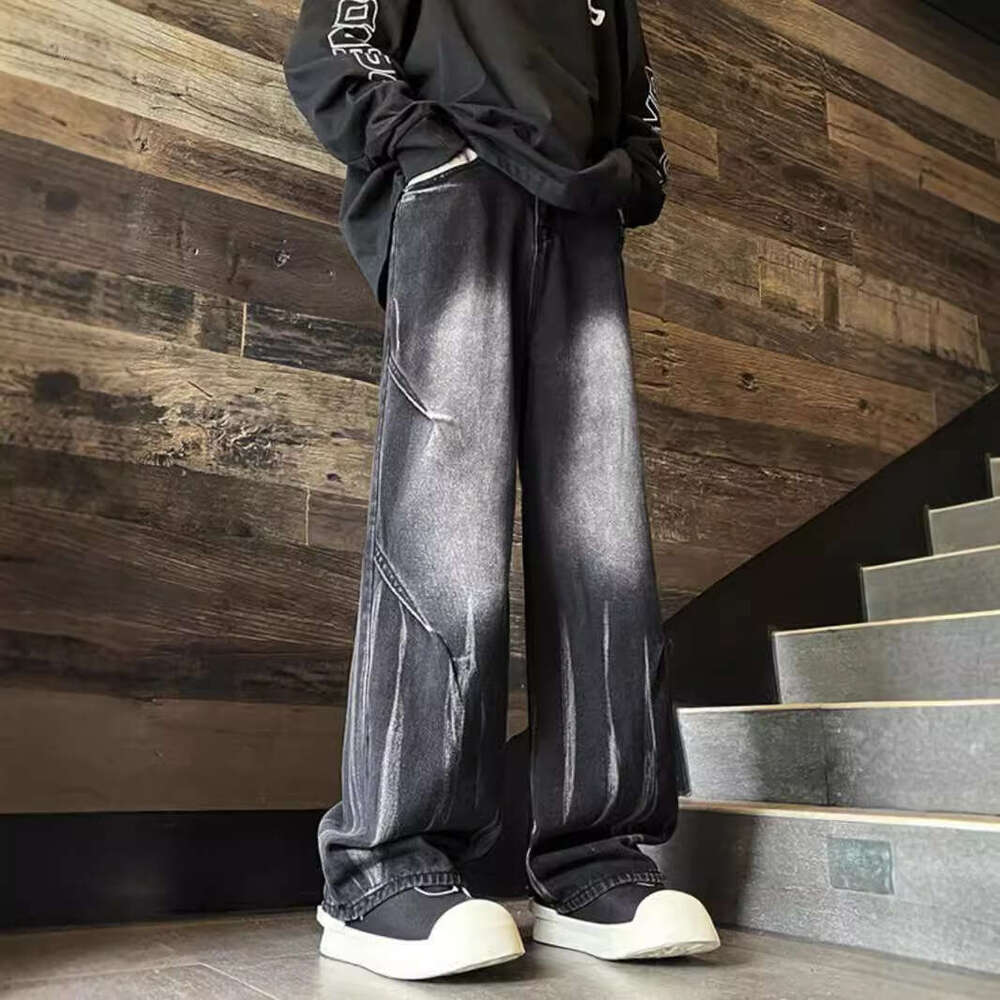 American High Street Hip-Hop Pants With Trendy Brand Design, Tie Dye Gradient Wide Leg Pants For Men, Loose Straight Leg Jeans Men's jeans