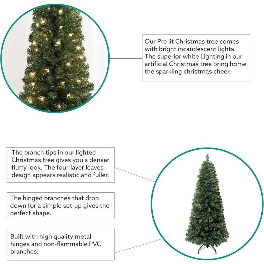 Prelit ultra-thin artificial Christmas tree with branch tips warm lights and metal brackets W241008