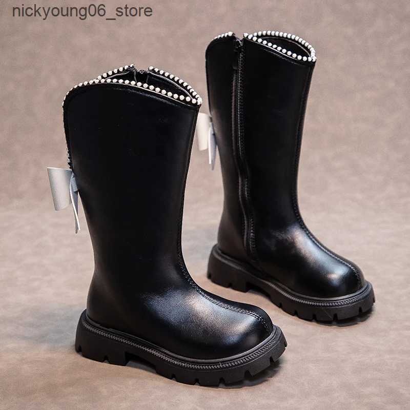 Boots Girls High Boots with Bow-knot Anti-Slippery Fashion Children Beading Elegant Princess Boots Side Zipper Kids Leather Long Boots L240910