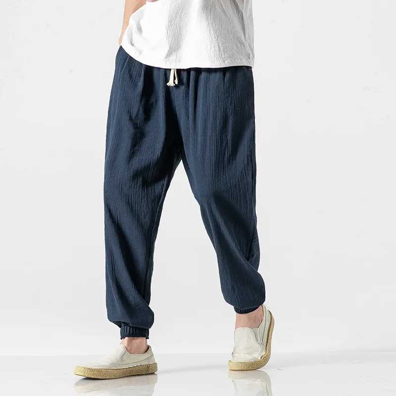 Japanese Loose Mens Cotton Linen Pants Male Summer New Breathable Solid Color Linen Trousers Fitness Streetwear Plus Size S-4XLX241008