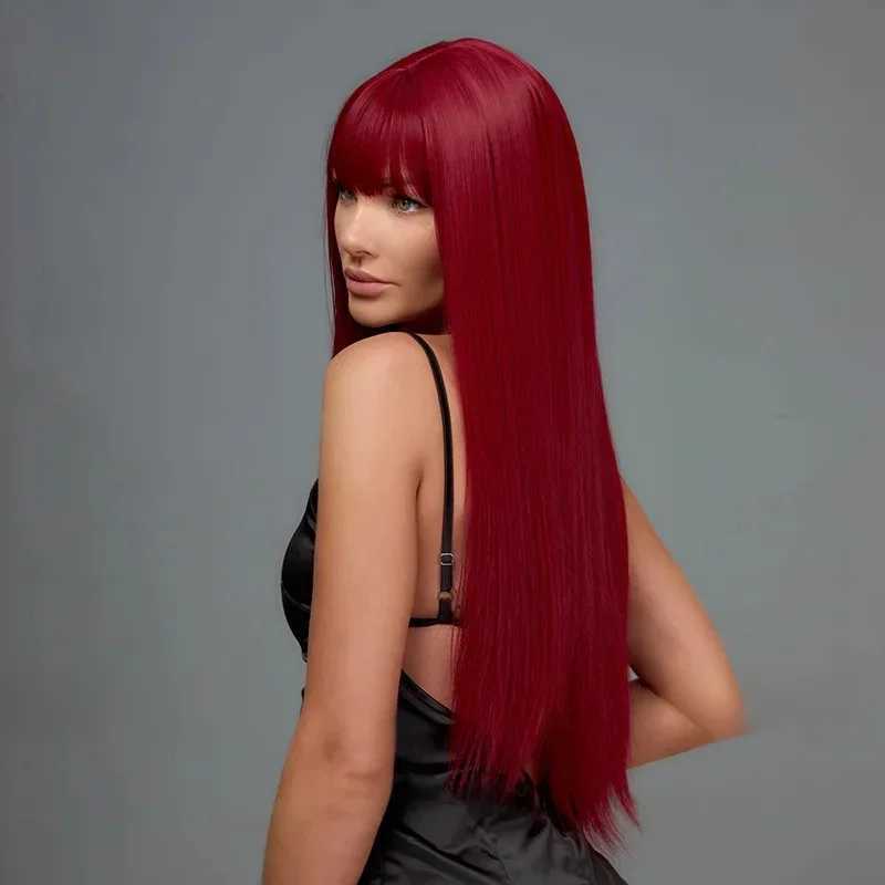SNQP Long Straight Synthetic Wig for Women 32inch Wine Red Wig with Bangs for Daily Cosplay Party Heat Resistant FiberXJ241008
