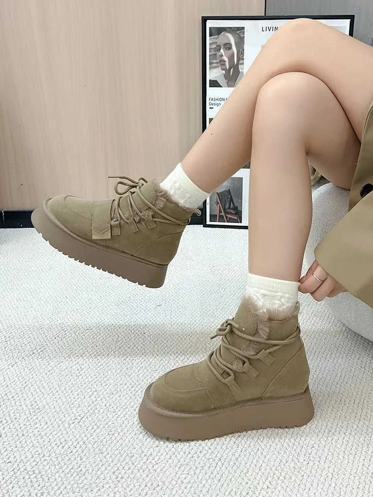 Round Toe Lady Boots Womens Rubber Shoes Rain Booties-Women Winter Footwear Lace Up Flat Heel Australia Lolita Med Snow PU S Q240914