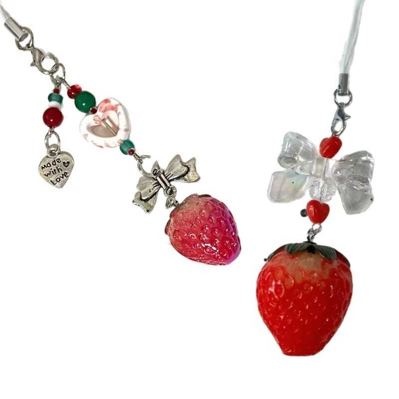 Strawberry Beaded Cell Phone Charm Handmade Keychain Pendant for Bag PurseX241008