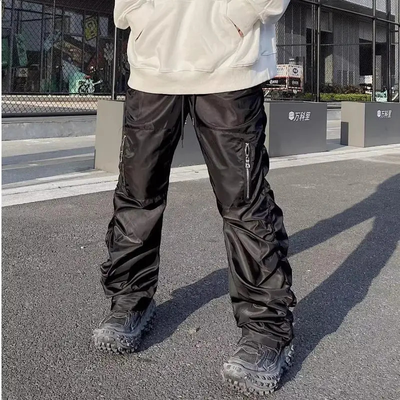 Men Multi Pocket Elastic Waist Harem Cargo Pants Nylon Streetwear Loose Work Wear Baggy Pants Man Vintage Sweatpants 241008