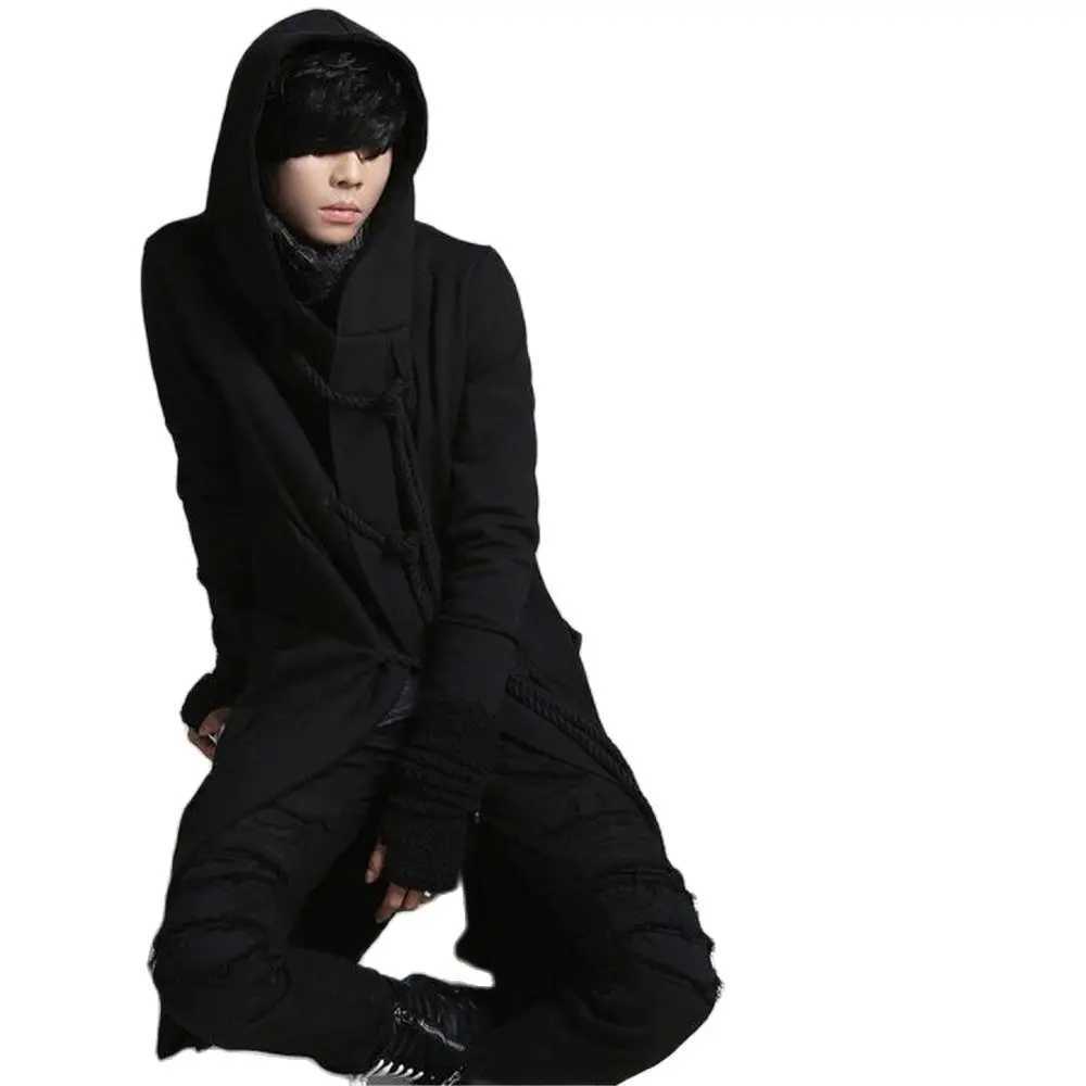 Autumn/Winter Mens Punk Hip Hop Slimming Long Trench Coat Hoodie Cardigan Mens Linen Rope Design Gothic Jacket Coat W241007