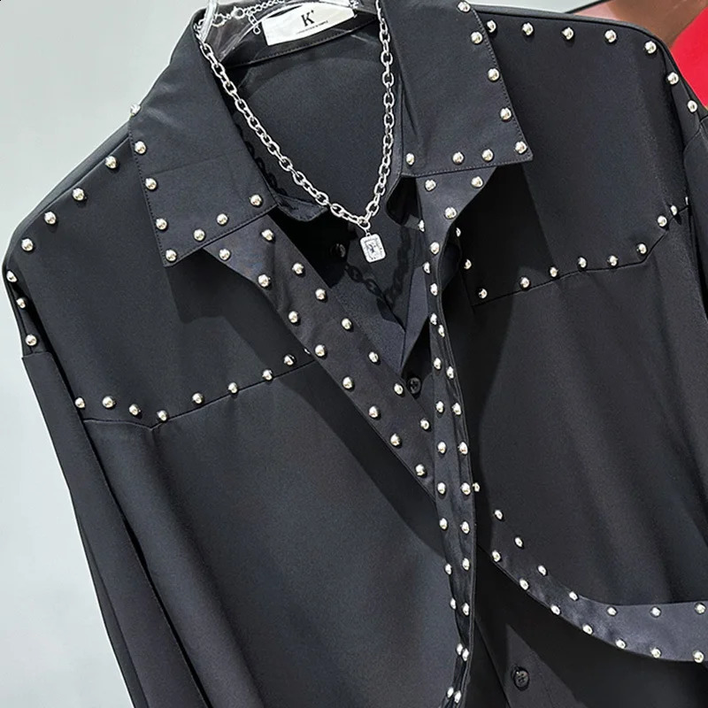 PFHQ loose and fashionable metal nail decoration niche shirt casual version solid color long sleeved mens top fashion 21Z5420 241008
