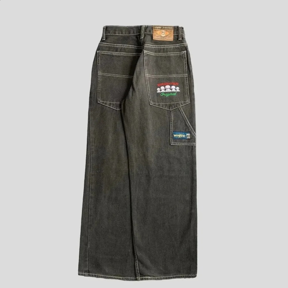 Street wear Y2K jeans mens Harajuku hip-hop retro graphic embroidered pocket jeans denim pants high waist wide Trouser 241008