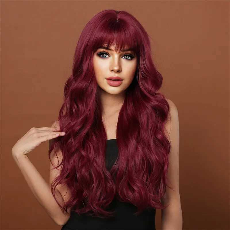 New selling wig female fluffy wine red air bangs long curly hair big wave synthetic fiber high temperature silk full head coverXJ241008
