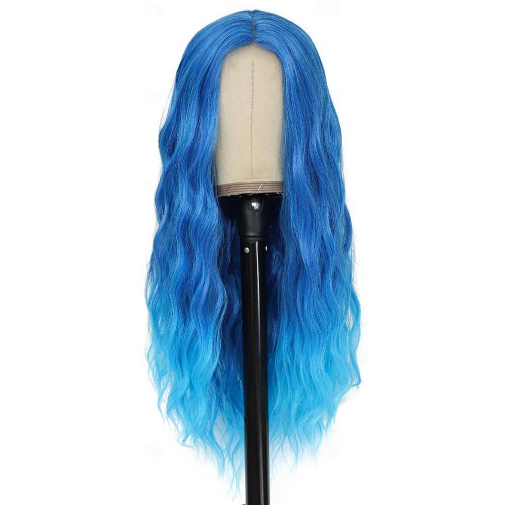 Synthetic Hair Blue Long Wavy Wigs for Women Middle Part Ombre Blue Wig 26 inch Heat Resistant Fiber Wigs for Daily Party UseXJ241008