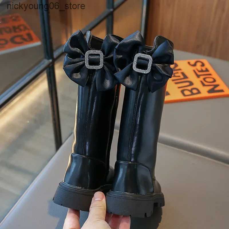Boots Botas Platform Kid Boot Autumn/Winter 2023 Plush Fashion Princess Boot Bow Tie Long Boot Girl High Boots Medium Sized Kid Shoe L240910
