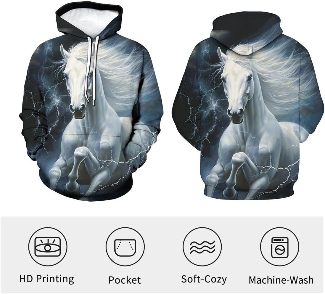 Hoodie for Mens Womens Unisex Novelty White Horse Hoodies 3D Funny Animal Long Sleeve Sweatshirt Hooded Top Graphic Hoodies sweatshirt fashion