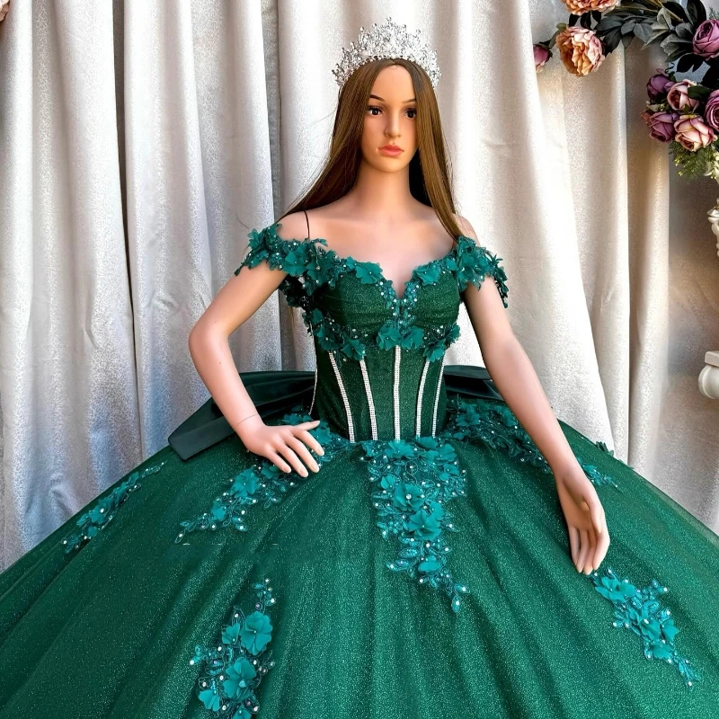 Green Shiny Sweetheart Ball Gown Quinceanera Dresses Beads Appliques 3D Flower Bow Birthday Party Gowns Vestidos De 15 Anos Sweet 16 Dress
