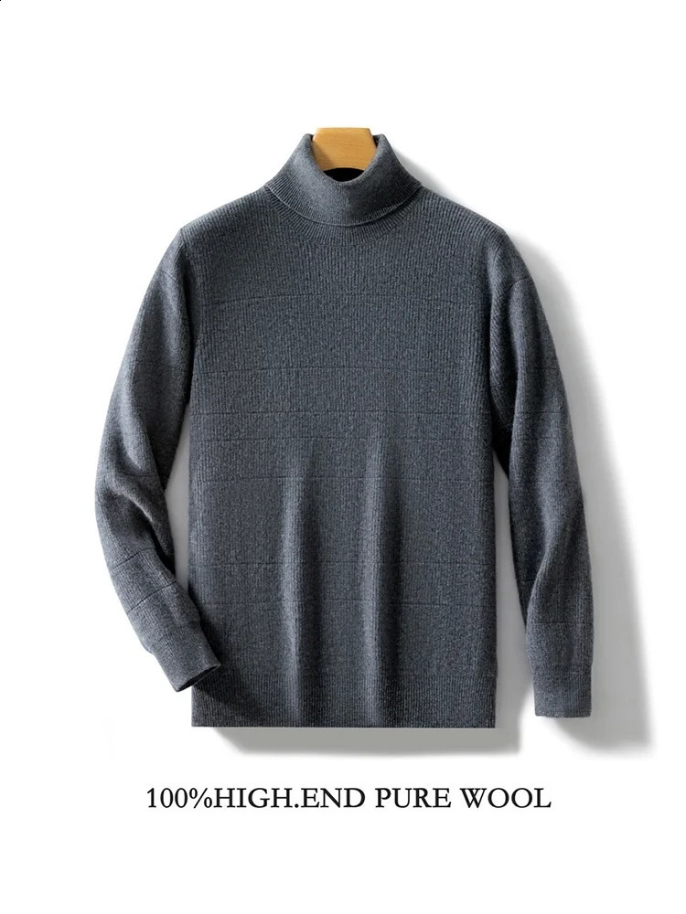 100 Pure Merino Wool Pullover 2024 AutumnWinter Mens Turtleneck Business Casual Cashmere Sweater Loose Solid Color Tops 240930