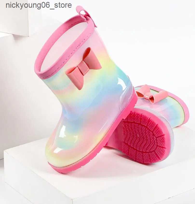 Boots New Rainbow Children Water Shoes PVC Kids Rubber Boots Fashion Cute Baby Girls Rain Boots Waterproof Cartoon Boys Water Boot L240910