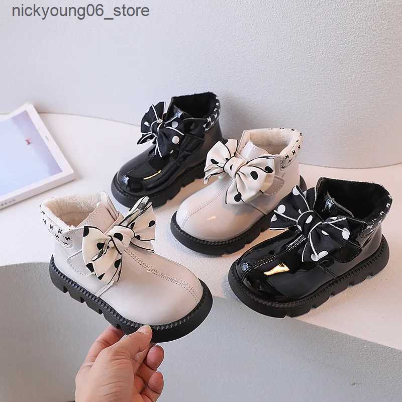 Boots Bow Design Girl Leather Boots for Kids Autumn Winter Plus Cotton Warm Snow Boots Waterproof Non-slip Princess Short Ankle Boots L240910