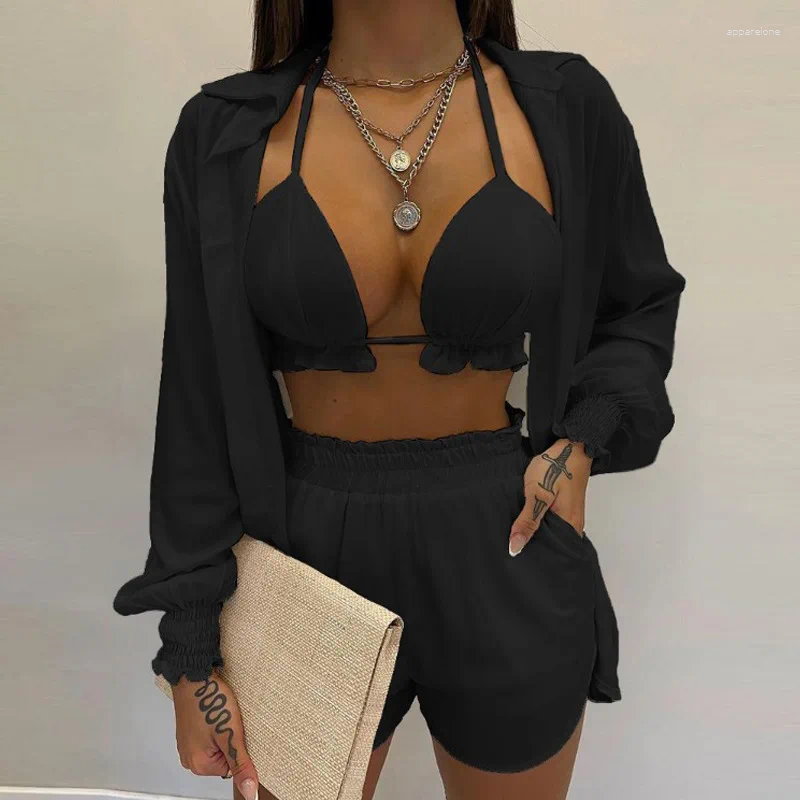 Women's Tracksuits Bathing Suit Shorts Cover Up Summer Three Pieces Swimwear Women Sexy Beachwear High Waist Bikini Set Print Swimsuit