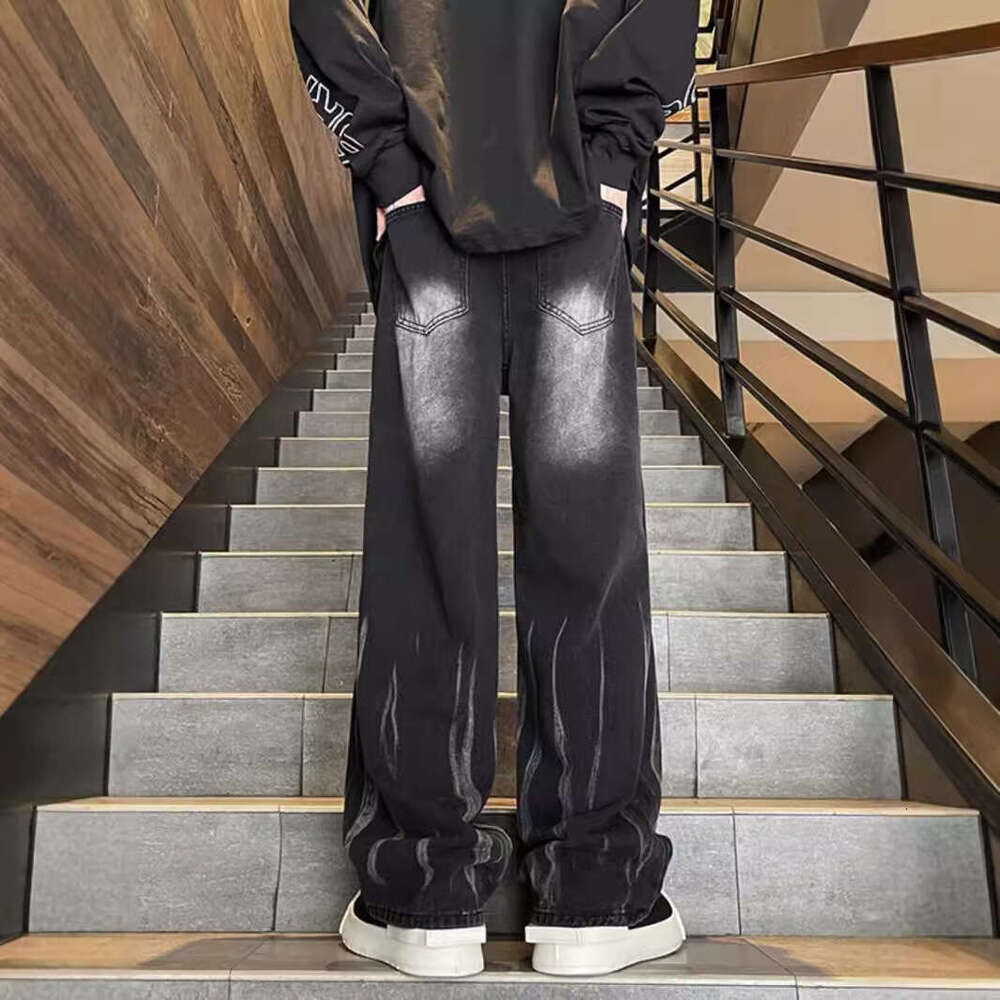 American High Street Hip-Hop Pants With Trendy Brand Design, Tie Dye Gradient Wide Leg Pants For Men, Loose Straight Leg Jeans Men's jeans