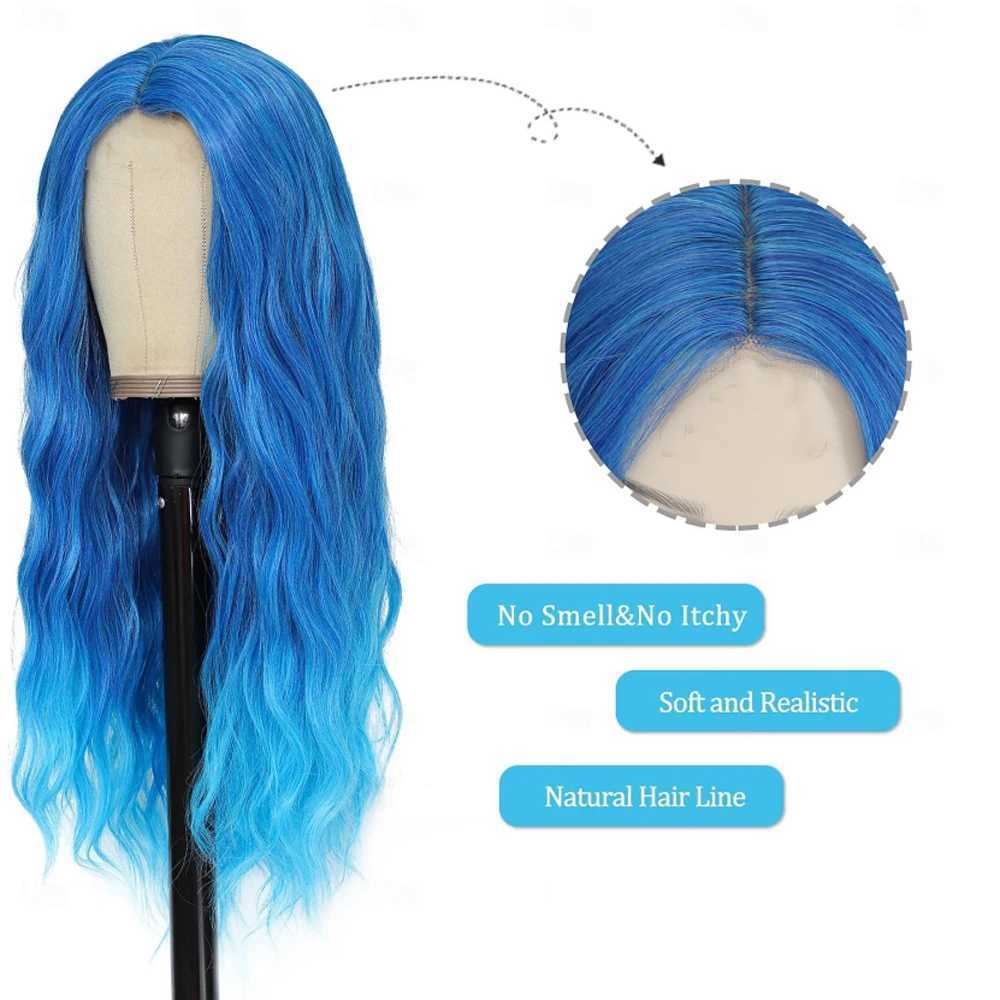 Synthetic Hair Blue Long Wavy Wigs for Women Middle Part Ombre Blue Wig 26 inch Heat Resistant Fiber Wigs for Daily Party UseXJ241008