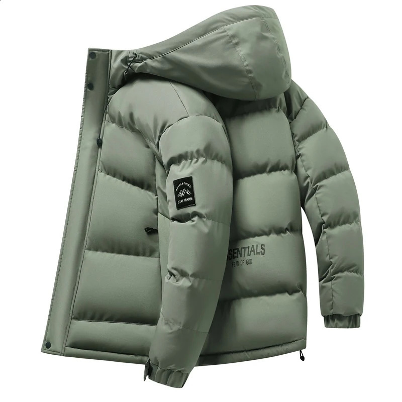 Travel camping jacket mens casual and fashionable down jacket mens winter windproof and warm park thick solid color hooded jacket 241007