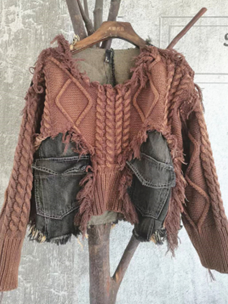 Women Black Green Vintage Denim Knitted Splice Pullover Fashion Classic Irregular Sweater Spring Autumn 2024 Top Lwl303