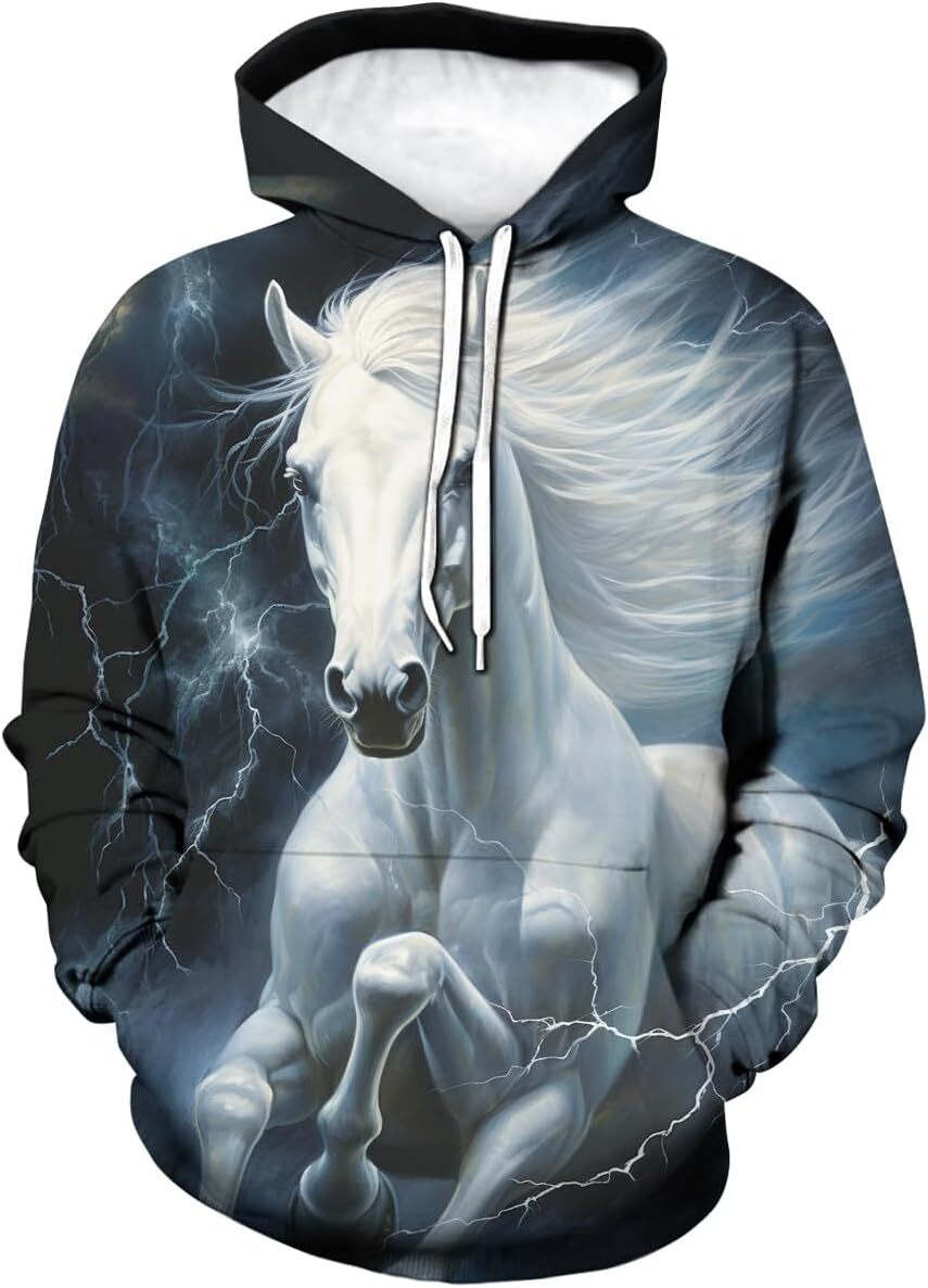 Hoodie for Mens Womens Unisex Novelty White Horse Hoodies 3D Funny Animal Long Sleeve Sweatshirt Hooded Top Graphic Hoodies sweatshirt fashion