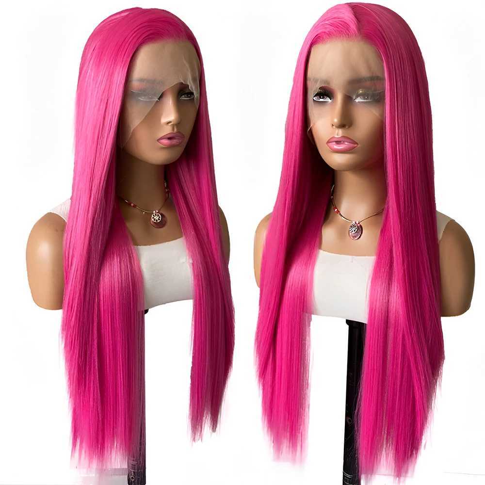 Rose Pink Straight Synthetic Lace Wig Glueless Wigs For Women Natural Hairline Daily Wear Long Pink Wig Cosplay Part Front HairXJ241008