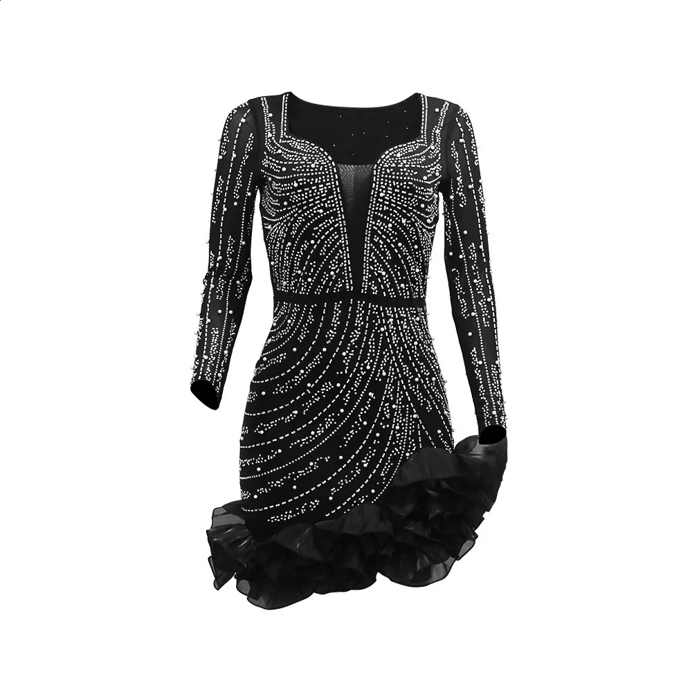 Long Sleeve V Neck Transparent Club Dress Sexy Glittering Diamonds Women Party Birthday Bodycon Mini Dresses Vestidos 241126