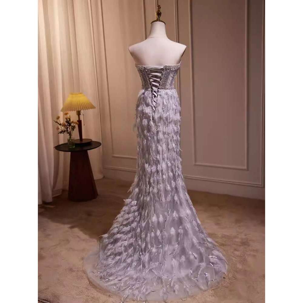Real Picture Grey Evening Dresses 2024 Sweetheart Beaded Feather Mermaid Long Formal Ocn Dress Party Pageant Wear