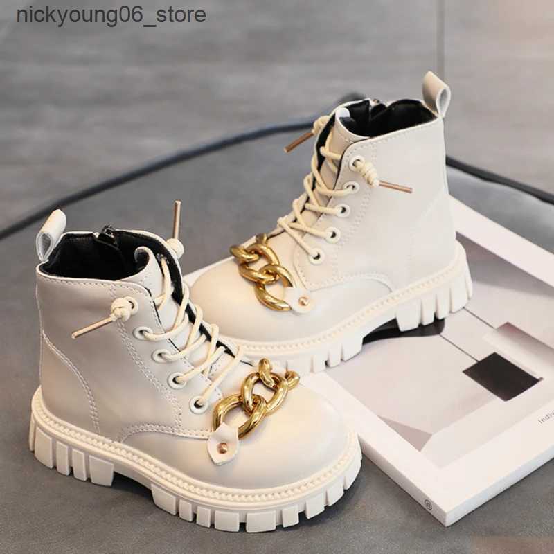 Boots Fashion Children Leather Boots Autumn Winter Metal Chain Girls Boots Warm Cotton Kids Ankle Boot Versatile Anti-slip Girls Shoes L240910