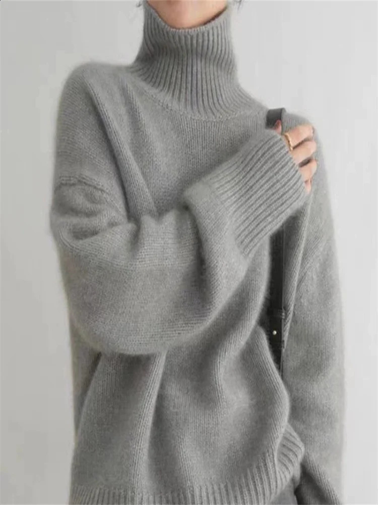 Womens knitted sweater loose turtle neck long sleeved warm solid floral knit basic elegant autumn womens streetwear 241007