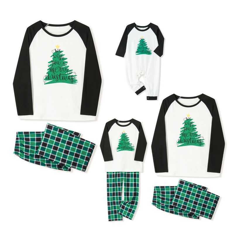 Family matching pajamas Christmas tree print long sleeved top and green flat bottomed pants pajamas adult and childrens clothing set W241008