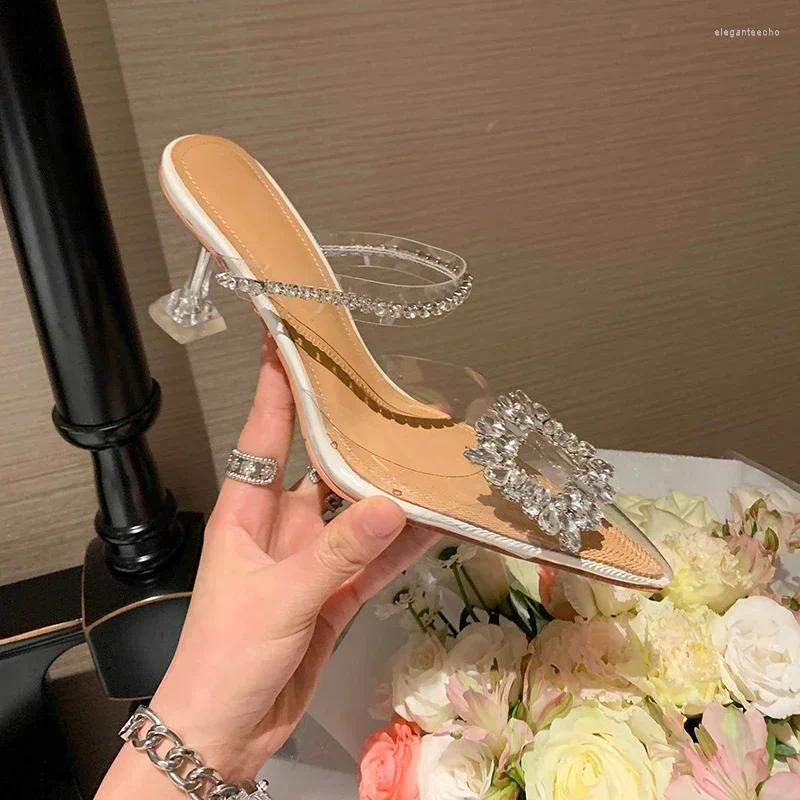Women's Casual Pointed-Toe Mule Sandals, PVC Upper With Genuine Leather Lining - 5-8 cm Chunky Block Heels, Beaded Cross-Tied Back-Strap Slip-On Shoes - view 3