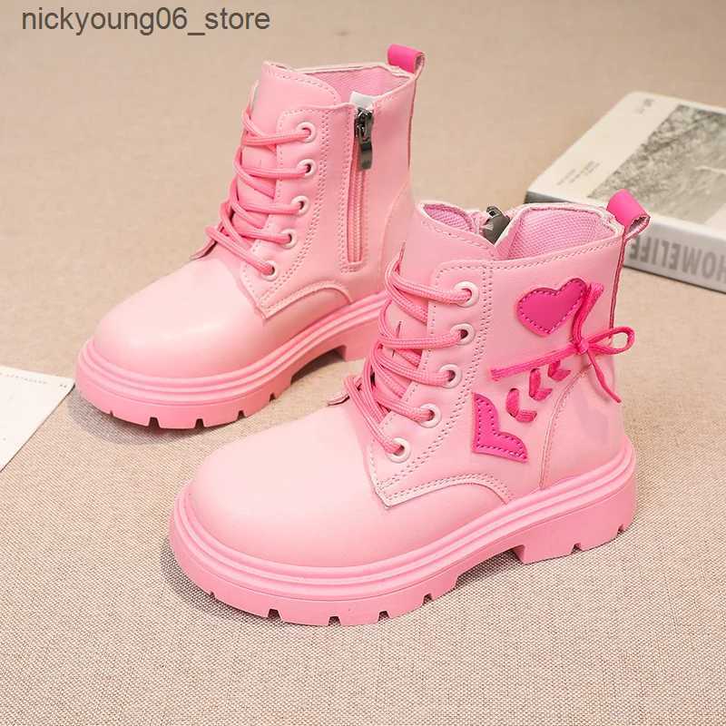 Boots Girls Fashion Leather Boots Thick Bottom Children Princess Boots Soft Breatheable Color Matching Love Patch Kids Catwalk Boots L240910