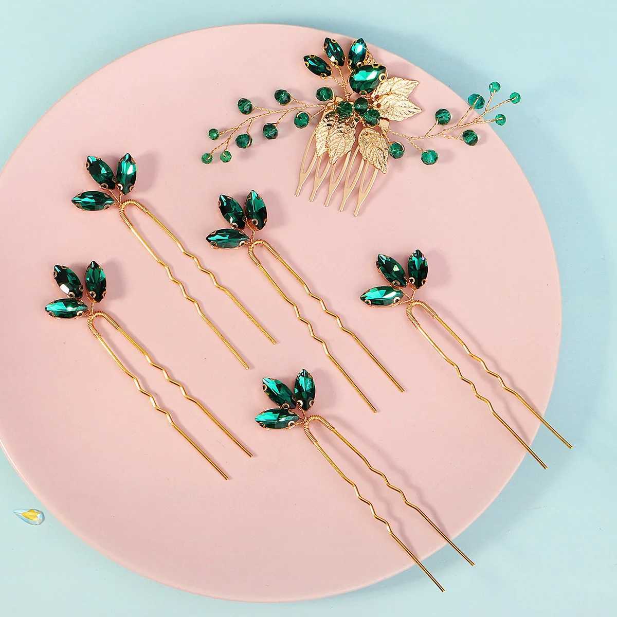 Fashionable green hair comb and pin set rhinestone crystal hair clip bridal wedding jewelry accessories bridal maid gifts W241007