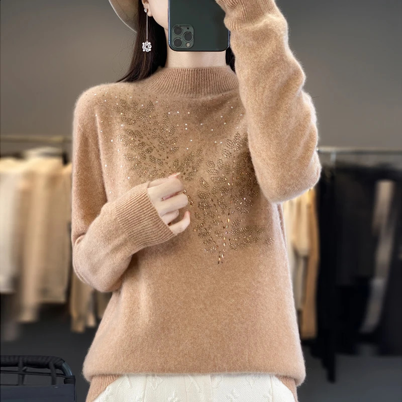 DjzDsm 100% Merino Pure Wool Womens Diamond Half Turtle Neck Sweater AutumnWinter Long Sleeve Knitted Top 241007