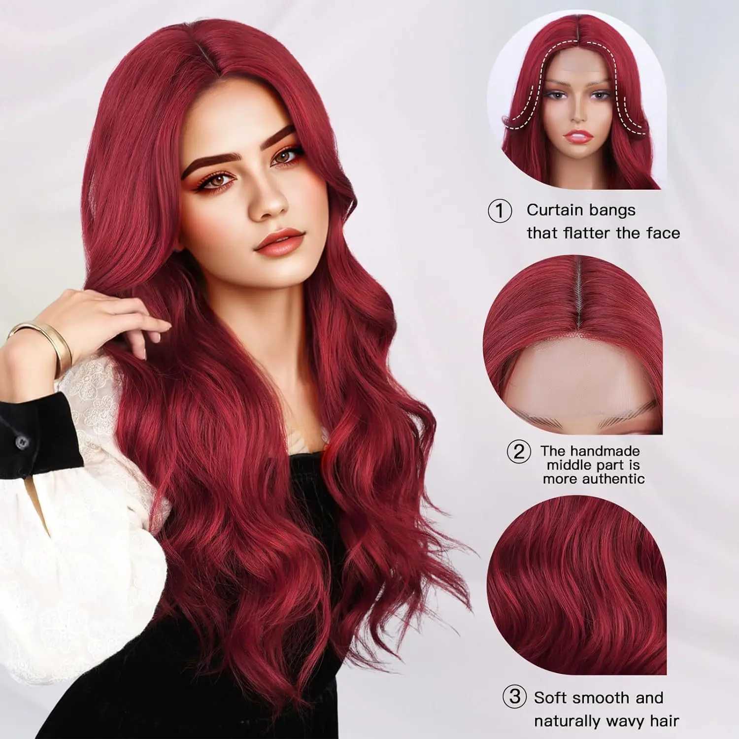 New wig fashion womens curly hair synthetic fiber high temperature silk head set wine red medium part long curly hairXJ241008