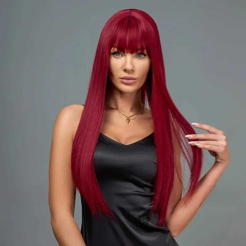 SNQP Long Straight Synthetic Wig for Women 32inch Wine Red Wig with Bangs for Daily Cosplay Party Heat Resistant FiberXJ241008