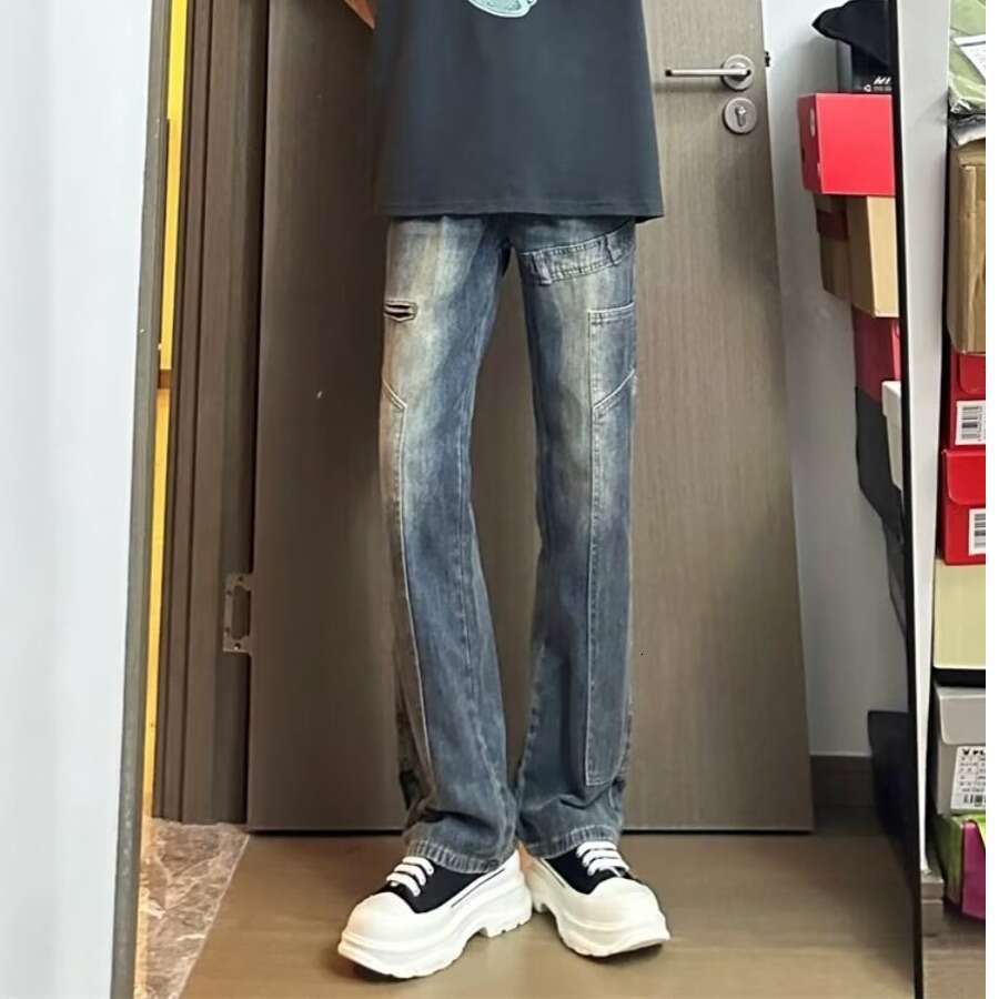 Retro Blue Narrow Fit Slim Jeans For Men In Summer Vintage Washed American Style Pants, High Waisted Slim And Slightly Flared Pants