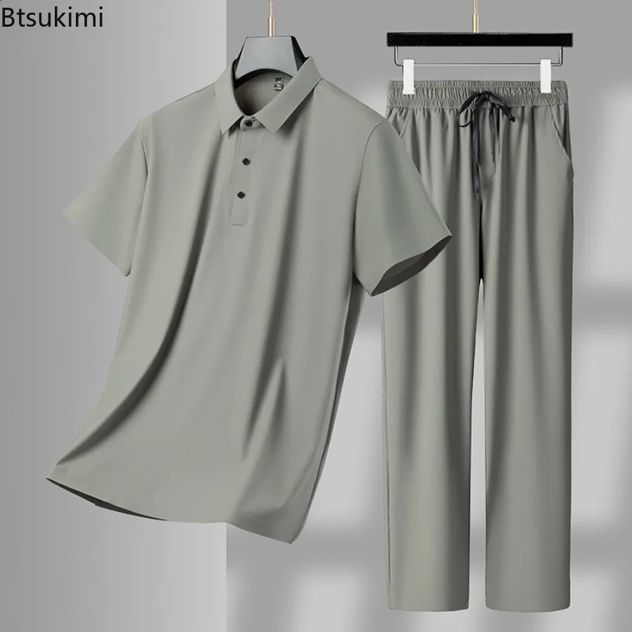 High quality mens casual suit summer cool breathable ice silk sportswear two-piece mens short sleeved polo shirtpants track suit 240930