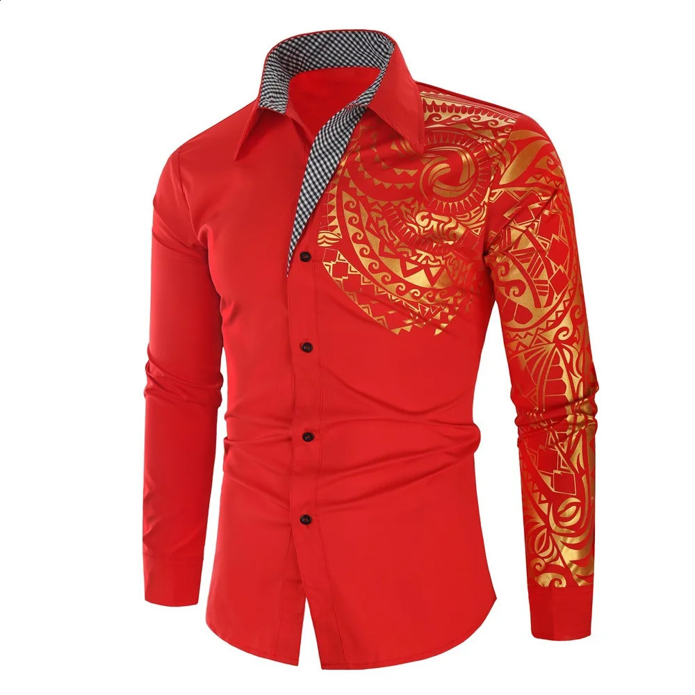 mens shirt gold stamping printed long sleeved ultra-thin fit lapel selling 241008