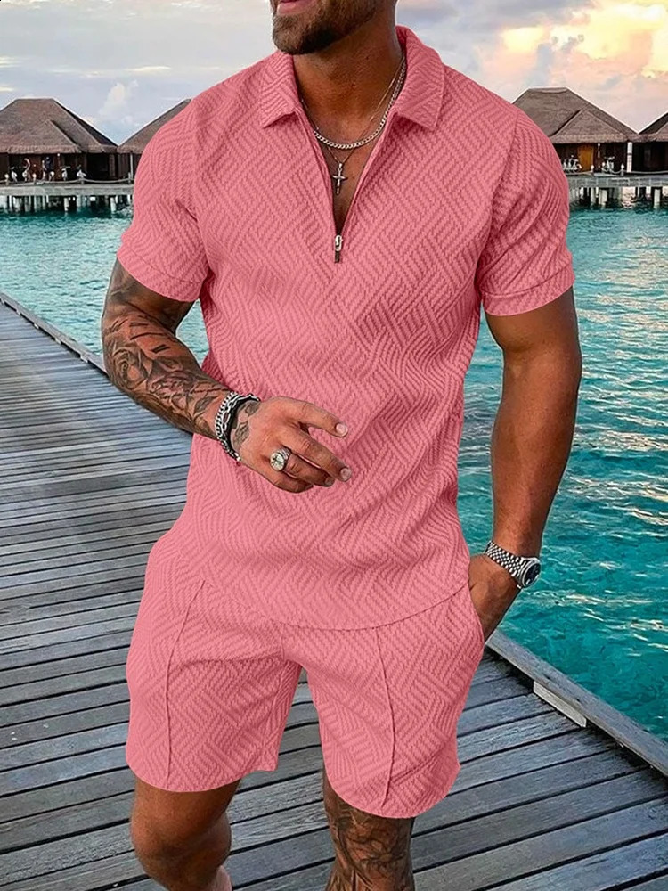 Summer fashion mens 3D printed solid color polo shirt and shorts 2-piece set trend zipper track set oversized T-shirt 240930