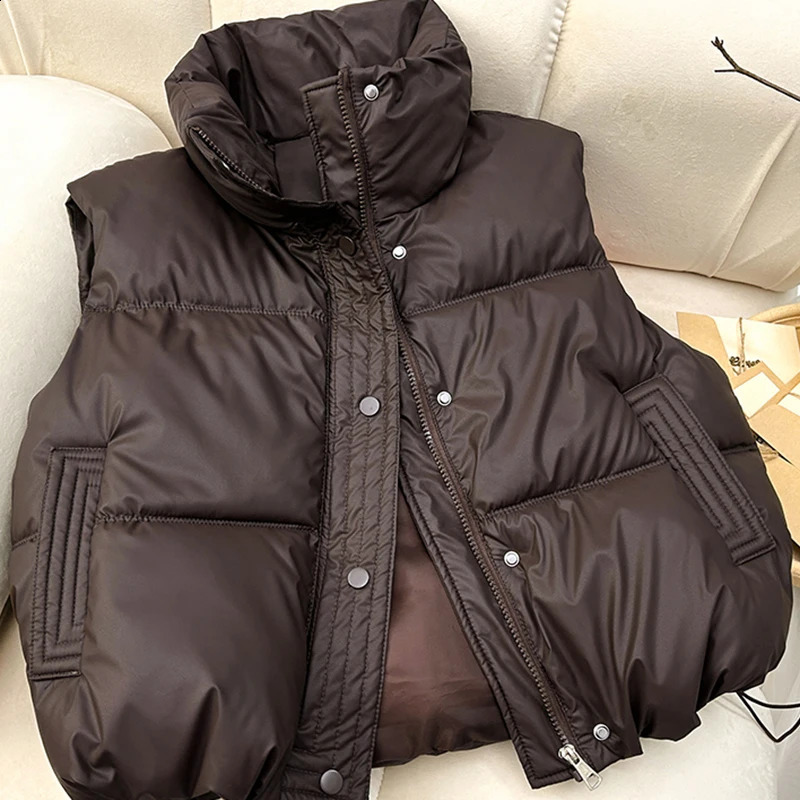 Vests Cotton Parkas Women Black Button Stand-collar Sleeveless Fall Winter Warm Bread Clothes Fashion Casual High Street Jacket 241008
