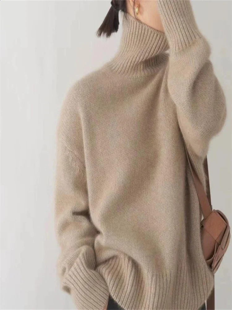 Womens knitted sweater loose turtle neck long sleeved warm solid floral knit basic elegant autumn womens streetwear 241007